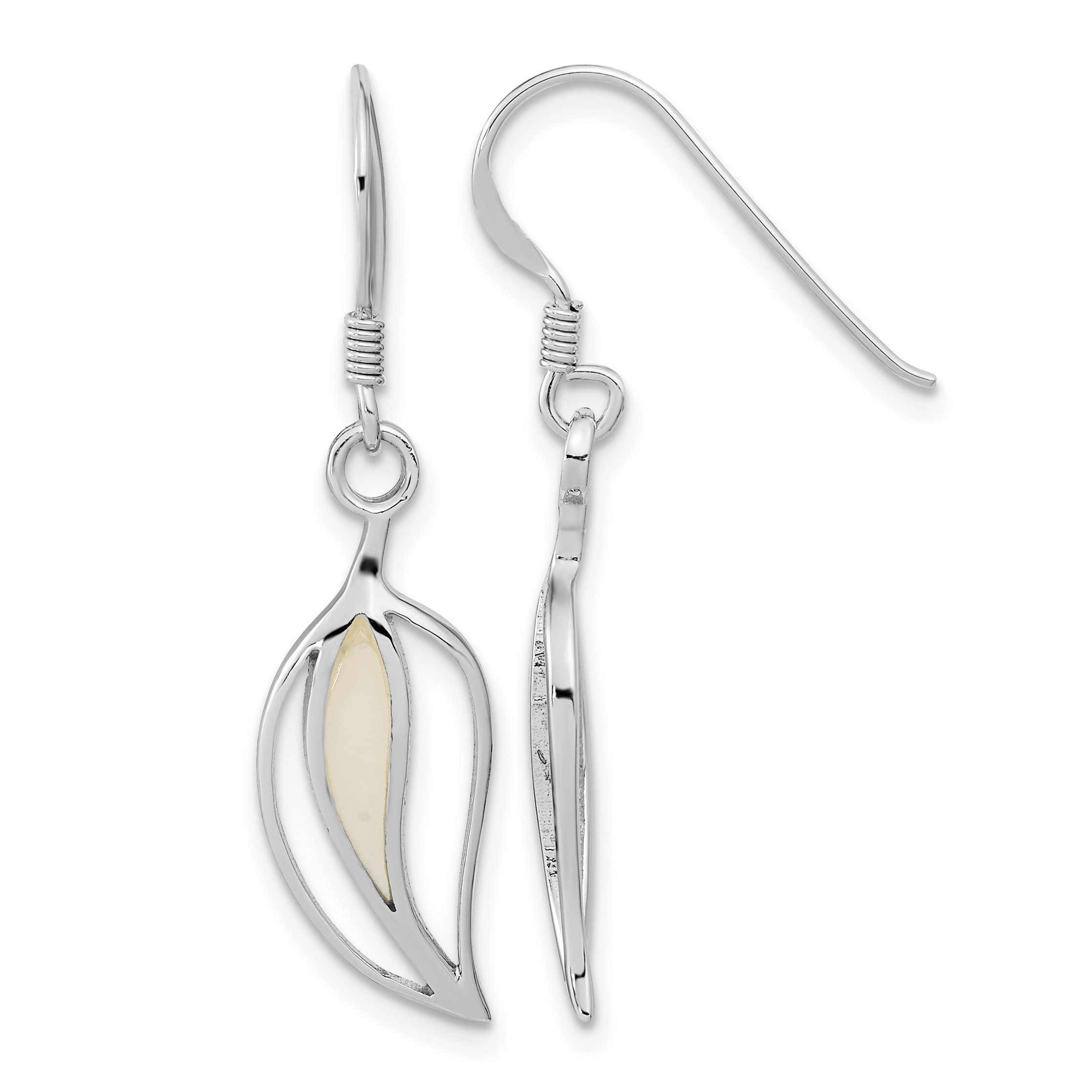 Sterling Silver Rhodium-plated Polished MOP Leaf Shepherds Hook Earrings (QE16546)