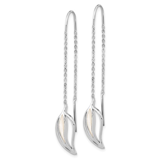 Sterling Silver Rhodium-plated Polished MOP Leaf Threaded Earrings