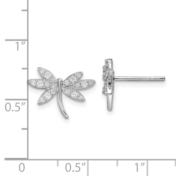 Sterling Silver Rhodium-plated CZ Dragonfly Post Earrings