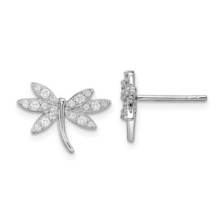 Sterling Silver Rhodium-plated CZ Dragonfly Post Earrings