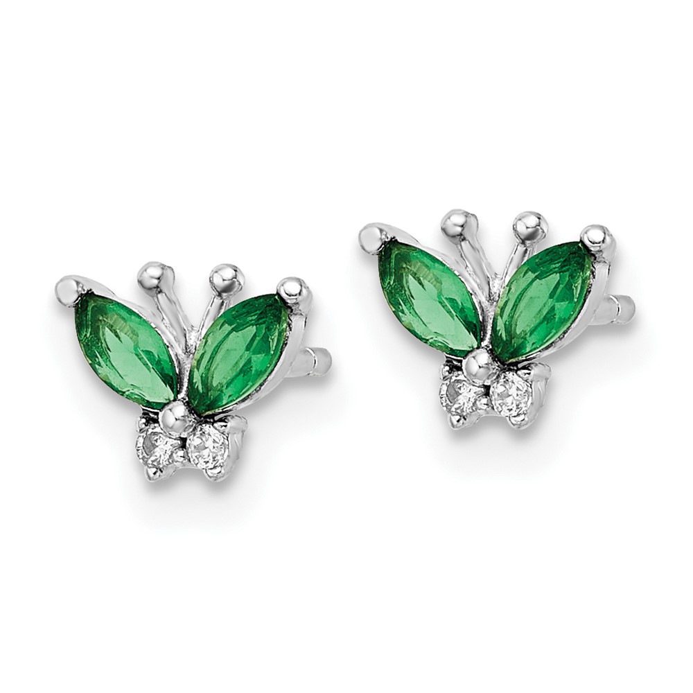 Sterling Silver Rhodium-plated Green & White CZ Butterfly Post Earrings (QE16556)