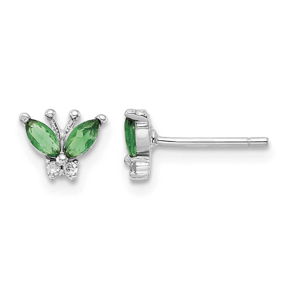 Sterling Silver Rhodium-plated Green & White CZ Butterfly Post Earrings (QE16556)