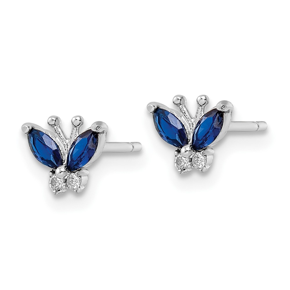 Sterling Silver Rhodium-plated Blue & White CZ Butterfly Post Earrings (QE16557)