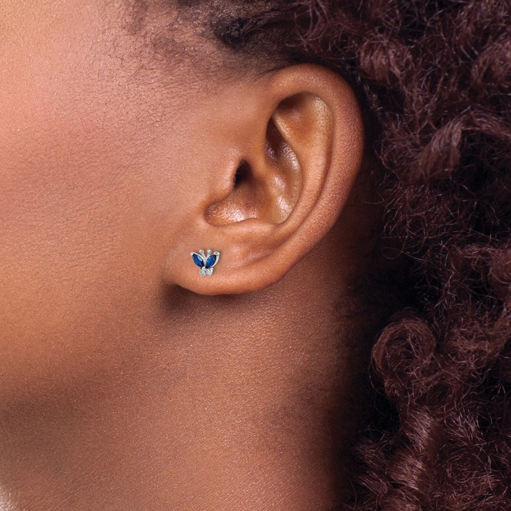 Sterling Silver Rhodium-plated Blue & White CZ Butterfly Post Earrings (QE16557)