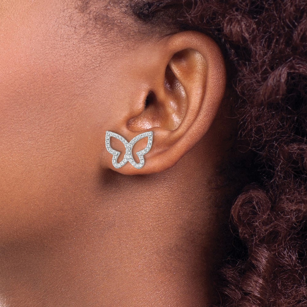 Sterling Silver Rhodium-plated Polished CZ Open Butterfly Post Earrings (QE16562)