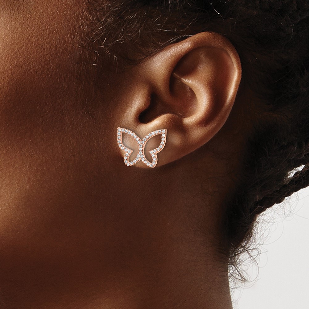 Sterling Silver Rose-tone CZ Open Butterfly Post Earrings (QE16563)