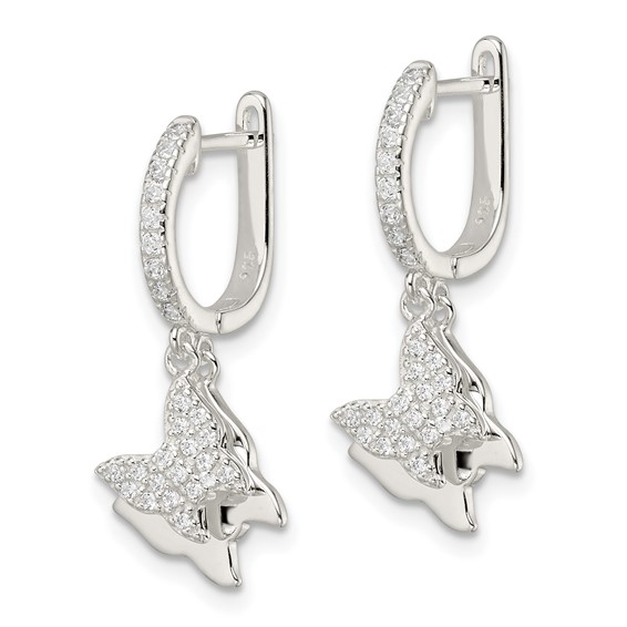 Sterling Silver Polished CZ Dangle Butterflies Hinged Post Earrings
