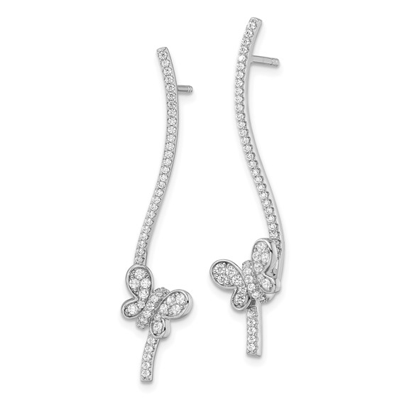 Sterling Silver Rhodium-plated CZ Dangle Bar Butterfly Post Earrings