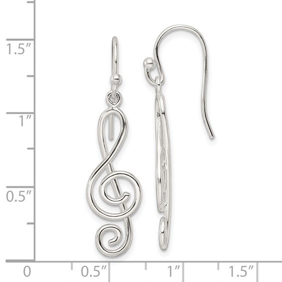 Sterling Silver Polished Treble Clef Dangle Shepherd Hook Earrings