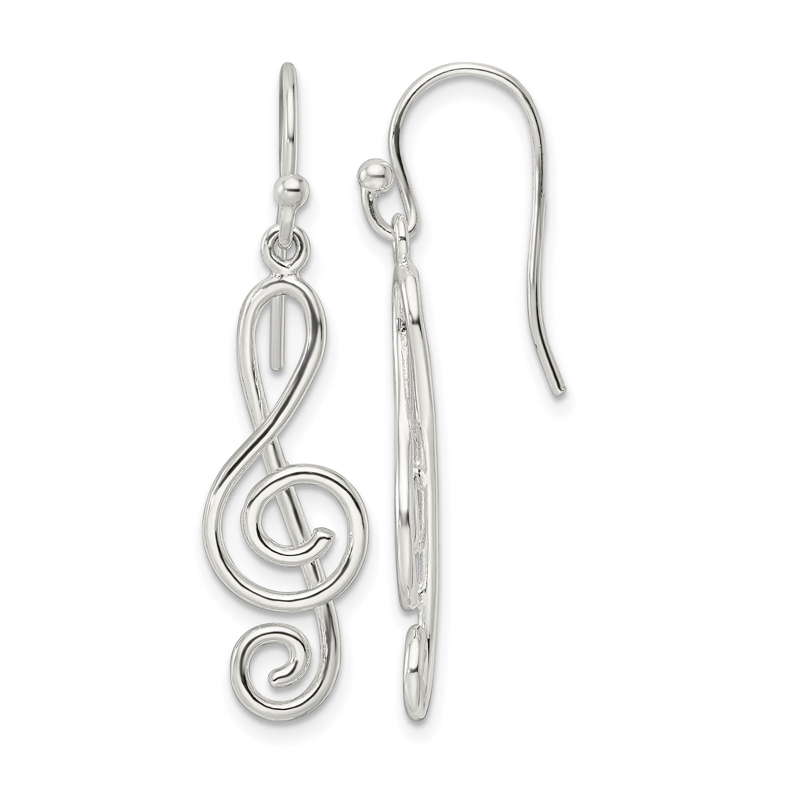 Sterling Silver Polished Treble Clef Dangle Shepherd Hook Earrings (QE16567)