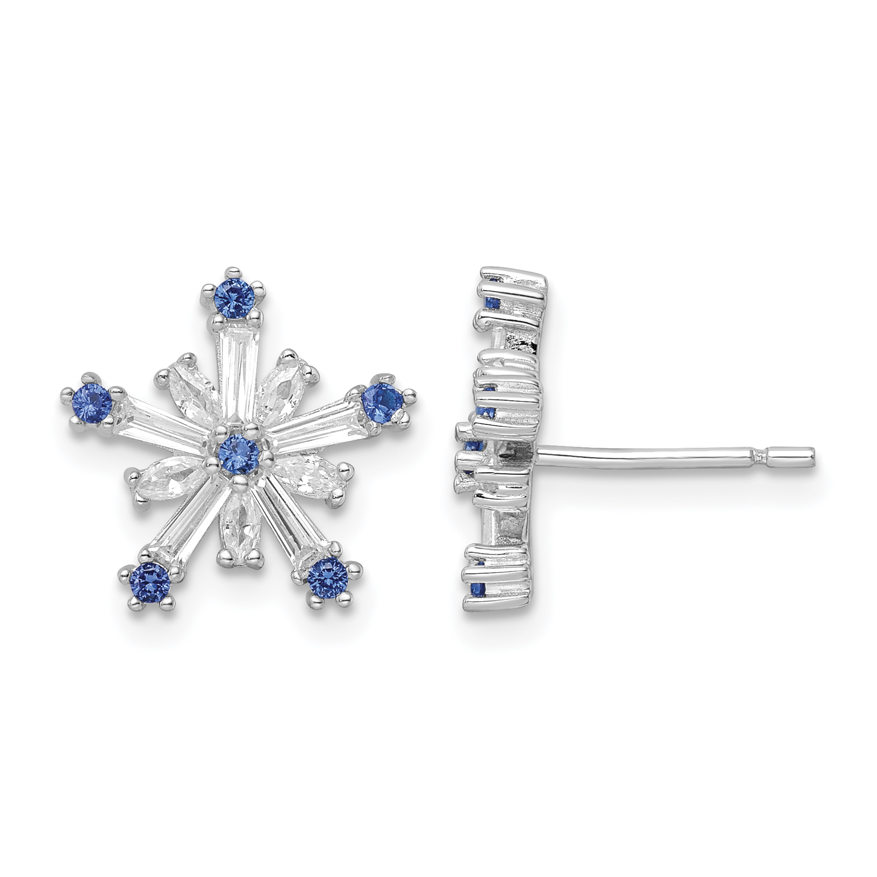Sterling Silver Rhodium-plated Polished Blue & White CZ Snowflake Post Earr (QE16569)