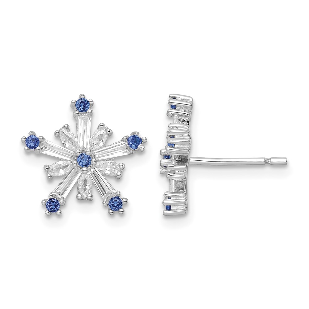 Sterling Silver Rhodium-plated Polished Blue & White CZ Snowflake Post Earr (QE16569)