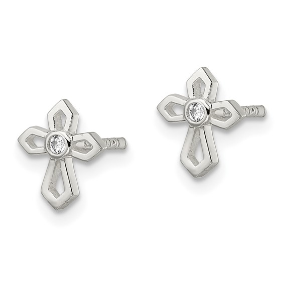 Sterling Silver Polished CZ Passion Cross Post Earrings