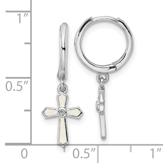 Sterling Silver Rhodium-plated Polished CZ & White Enamel Passion Cross Dangle Round Hoop Earrings