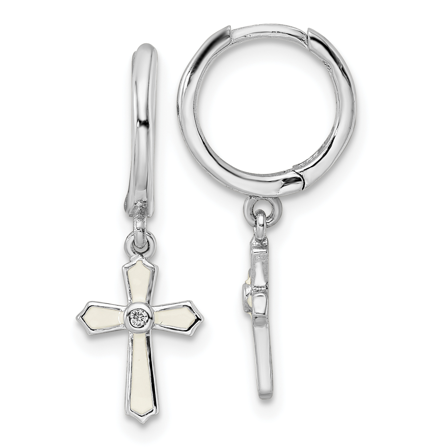 Sterling Silver Rhodium-plated Polished CZ & White Enamel Passion Cross Dangle Round Hoop Earrings (QE16580)