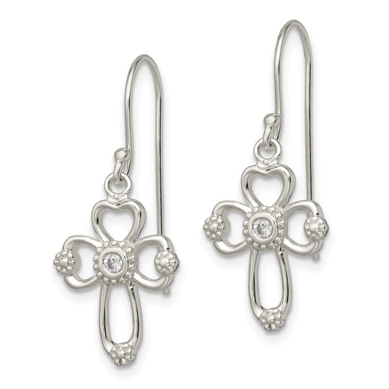 Sterling Silver Polished & Beaded CZ Cross Dangle Earrings