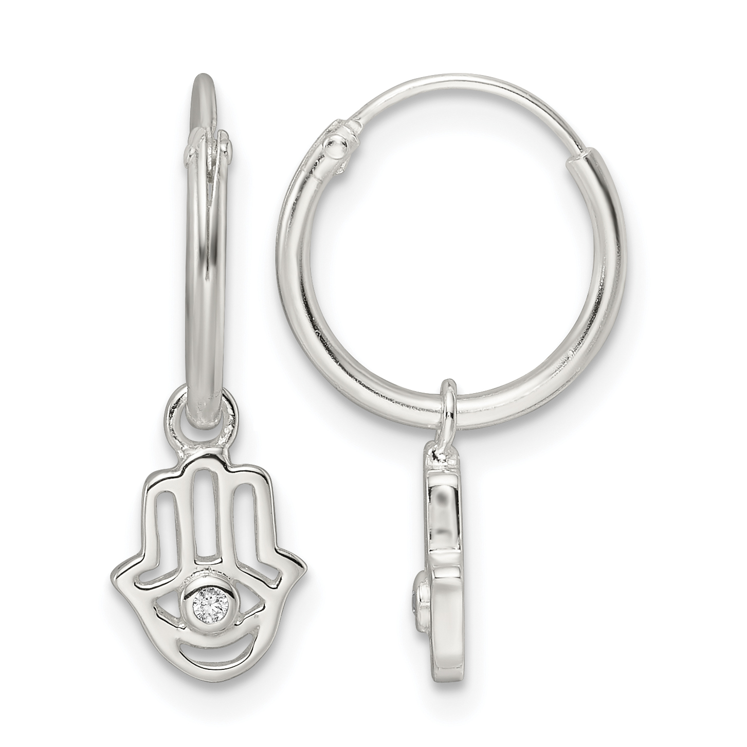 Sterling Silver Polished CZ Hamsa Dangle Endless Round Hoop Earrings (QE16583)