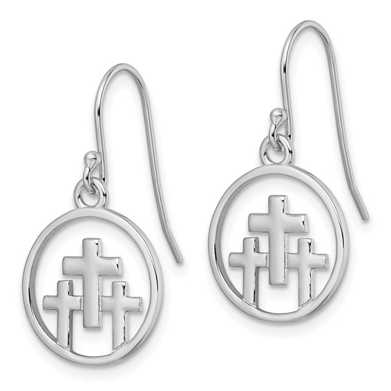 Sterling Silver RH-plated Polished 3 Crosses in Circle Dangle Earrings