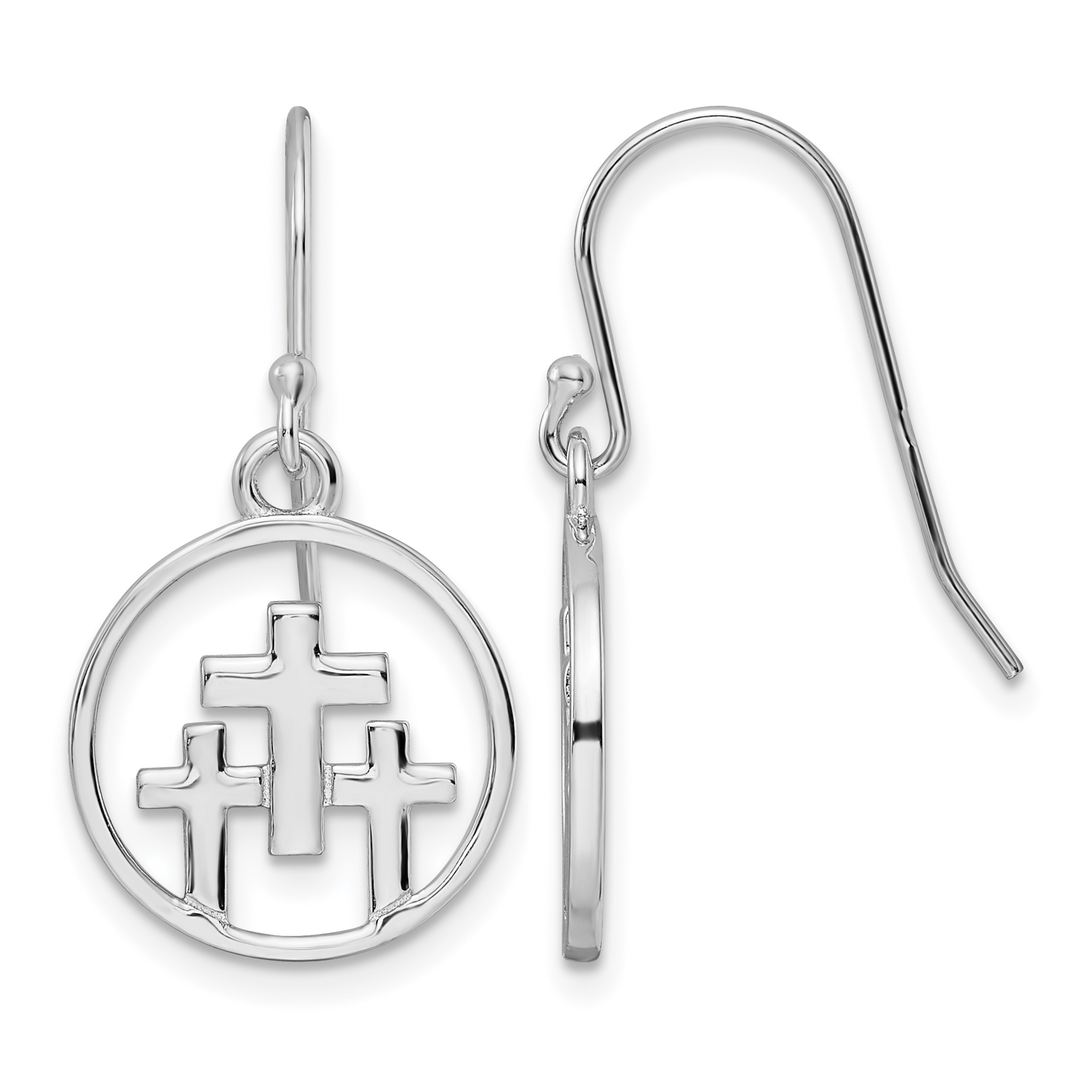 Sterling Silver RH-plated Polished 3 Crosses in Circle Dangle Earrings (QE16590)