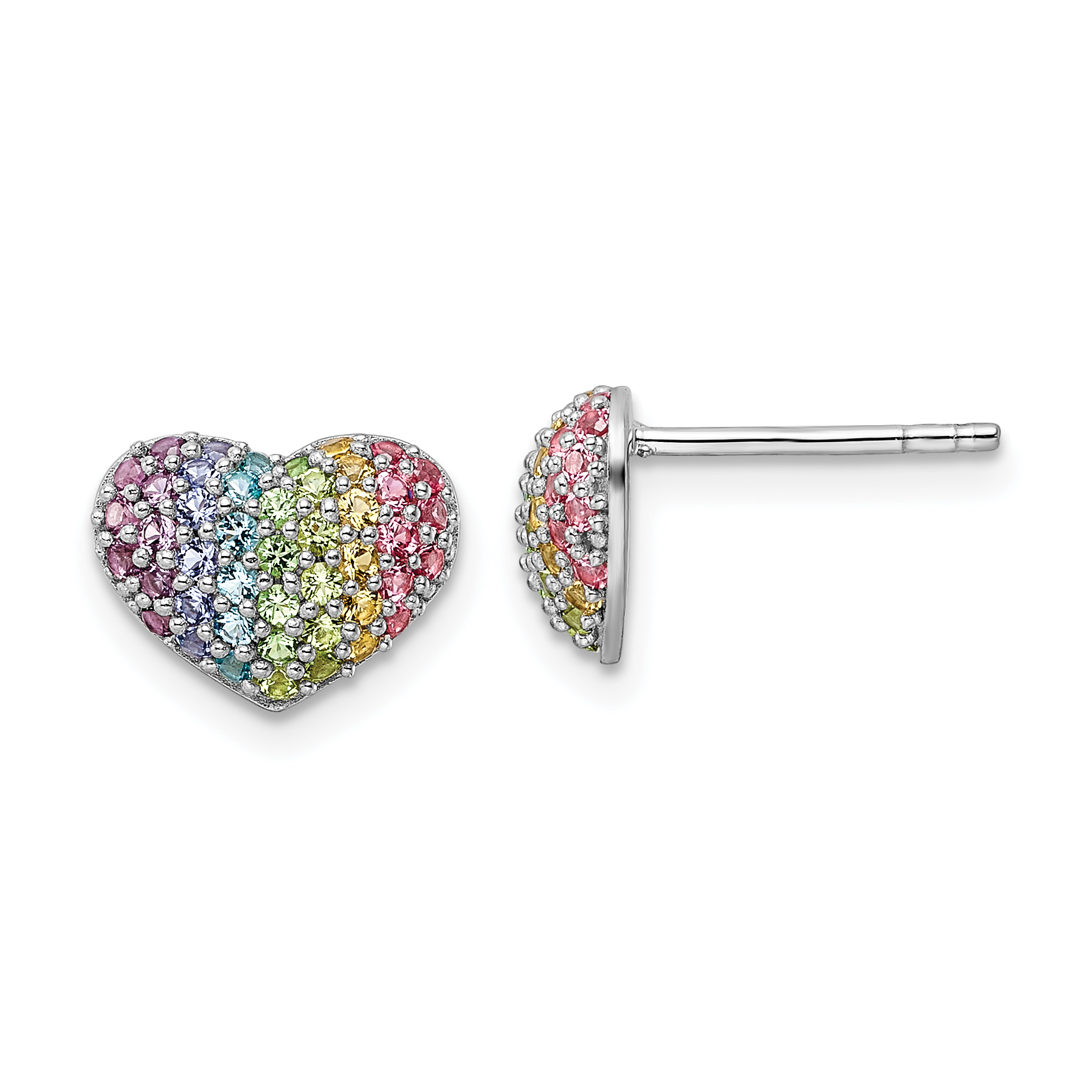 Sterling Silver Rhodium-plated Rainbow Crystal Heart Post Earrings (QE16592)