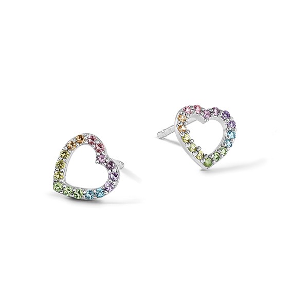 Sterling Silver RH-plated Rainbow Crystal Open Heart Post Earrings