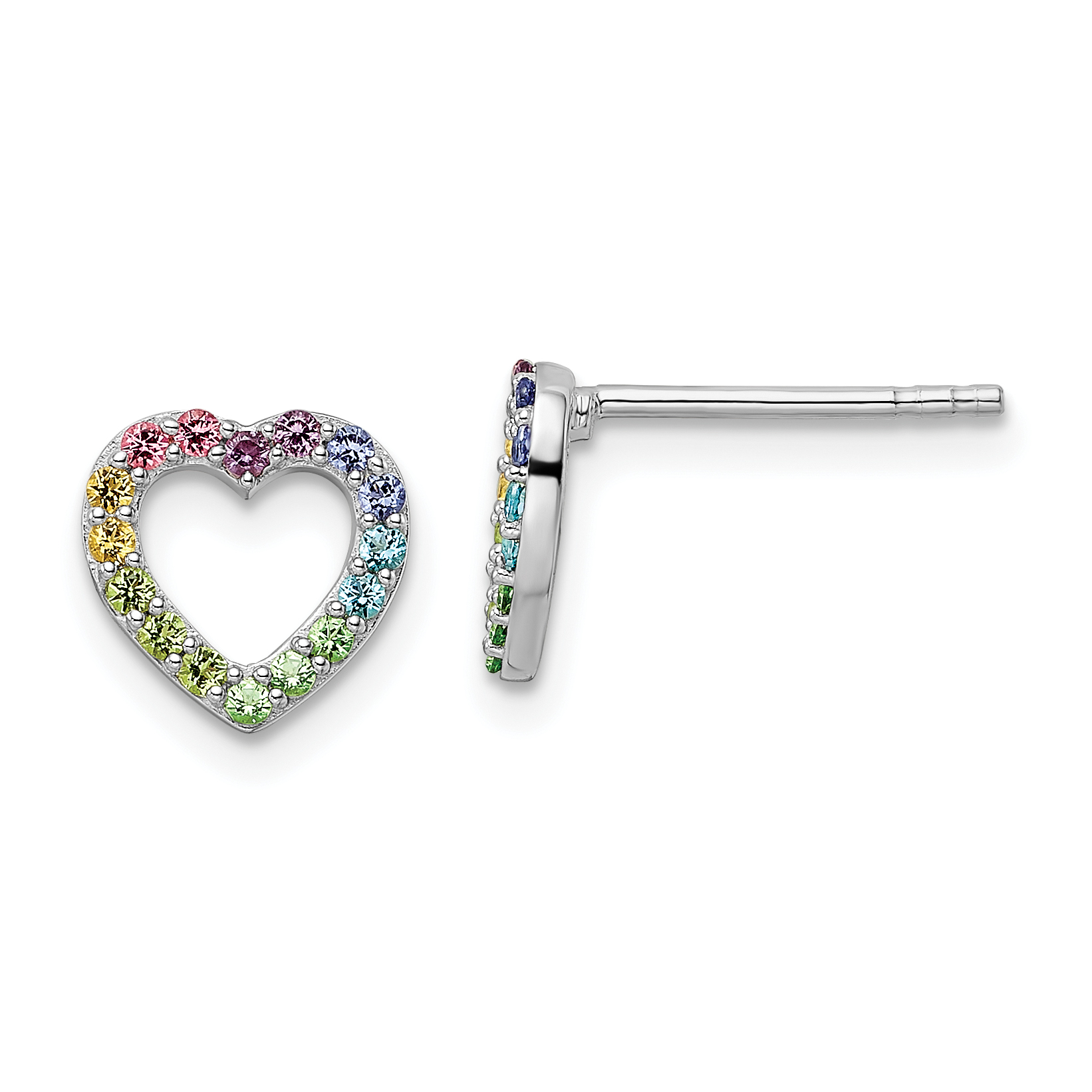 Sterling Silver RH-plated Rainbow Crystal Open Heart Post Earrings (QE16593)