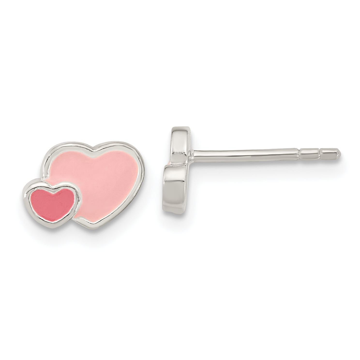 Sterling Silver Rhodium-plated Pink Enamel Double Heart Post Earrings (QE16594)