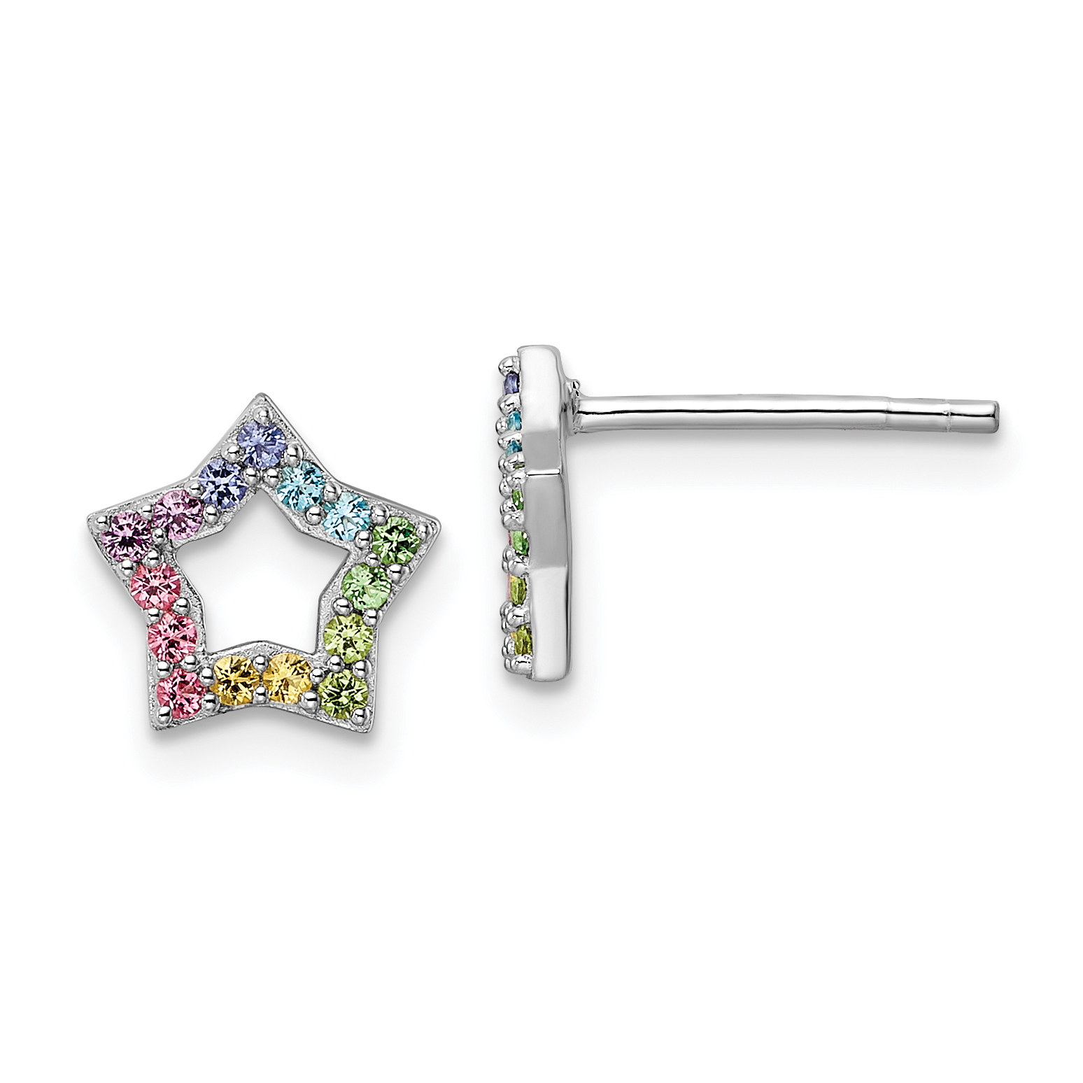 Sterling Silver Rhodium-plated Rainbow Crystal Star Post Earrings (QE16598)