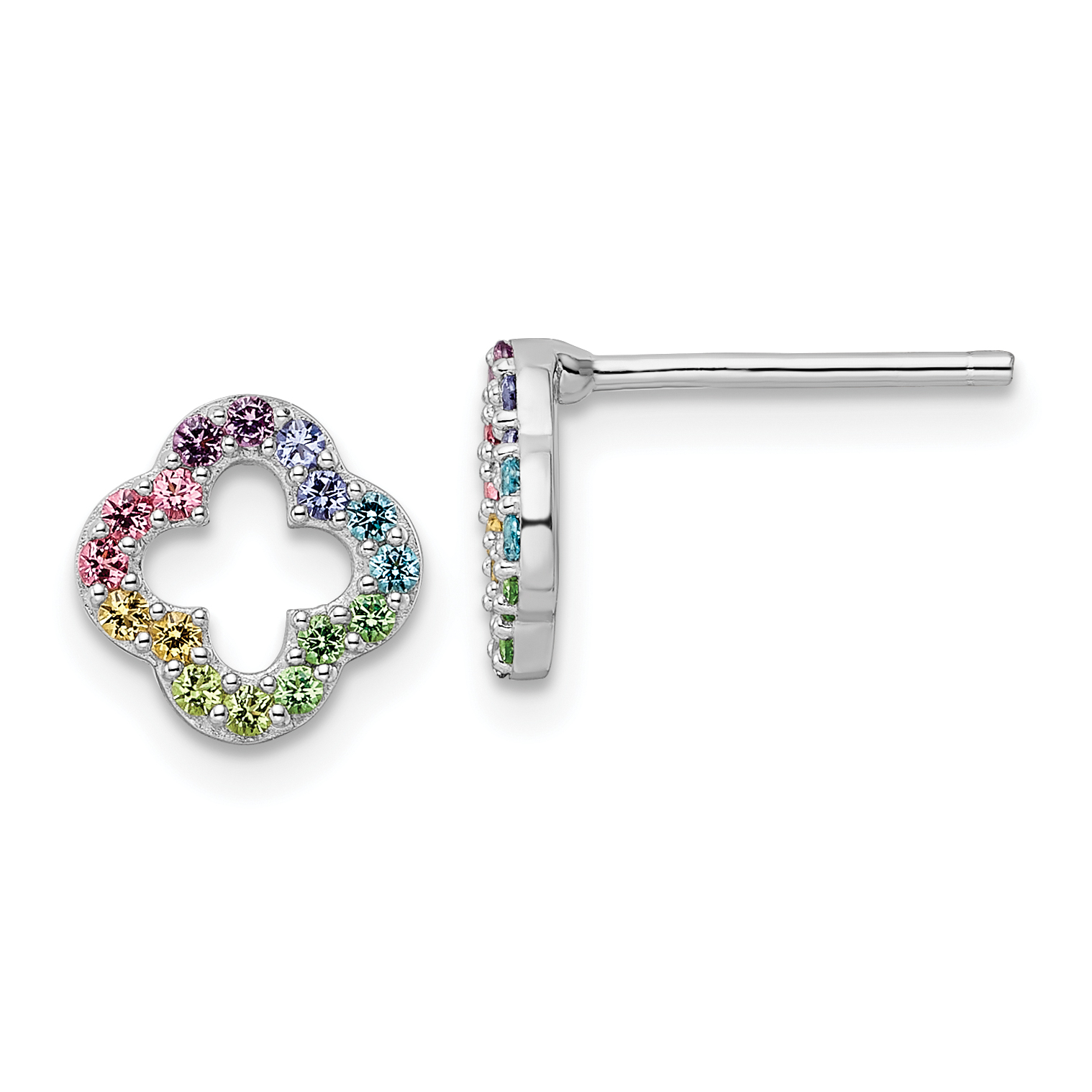 Sterling Silver Rhodium-plated Rainbow Crystal Clover Post Earrings (QE16599)
