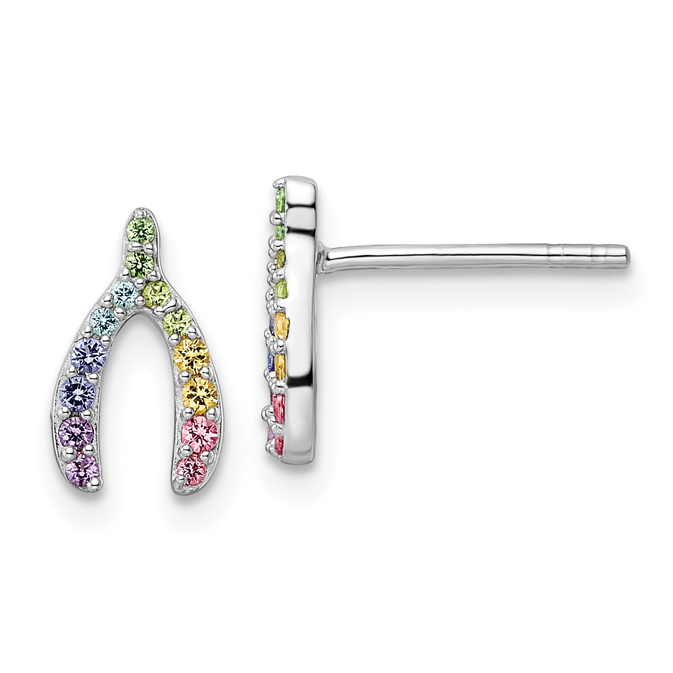 Sterling Silver RH-plated Rainbow Crystal Wishbone Post Earrings (QE16600)