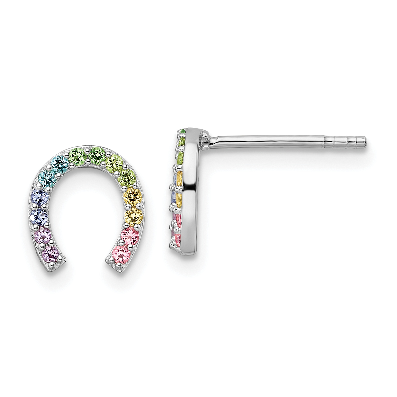 Sterling Silver RH-plated Rainbow Crystal Horseshoe Post Earrings (QE16601)