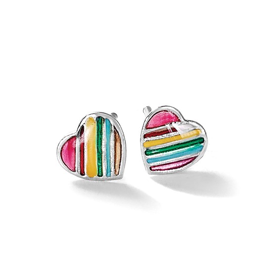 Sterling Silver Rhodium-plated Polished Rainbow Enameled Heart Children's Post Earrings