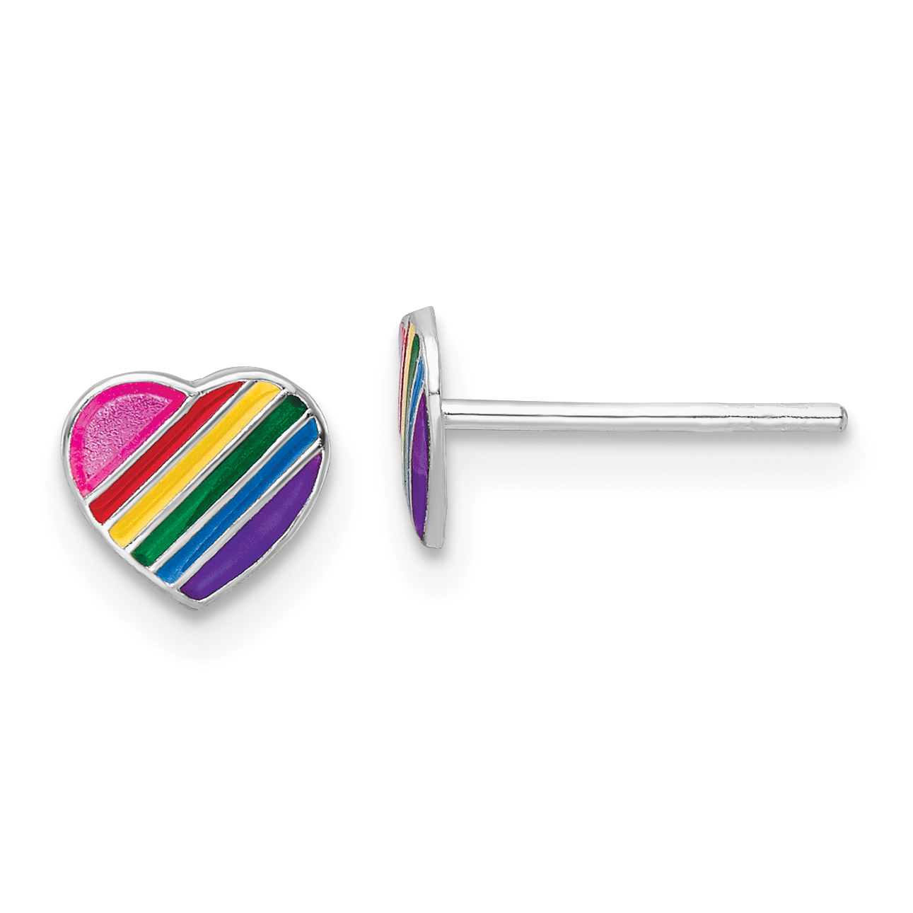 Sterling Silver Rhodium-plated Polished Rainbow Enameled Heart Children's Post Earrings (QE16603)