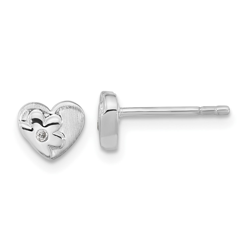 Sterling Silver RH-plated Polished CZ Flower Heart Post Earrings