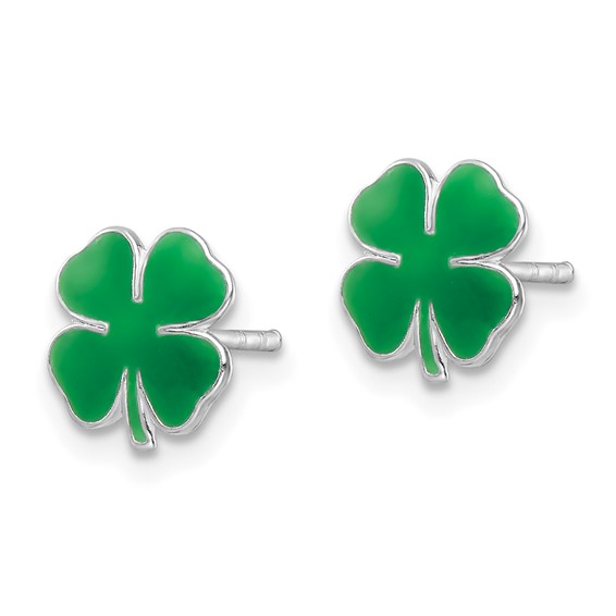 Sterling Silver Rhodium-plated Polished & Green Enameled Four Leaf Clover Children's Post Earrings