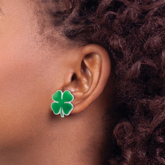 Sterling Silver Rhodium-plated Polished & Green Enameled Four Leaf Clover Children's Post Earrings