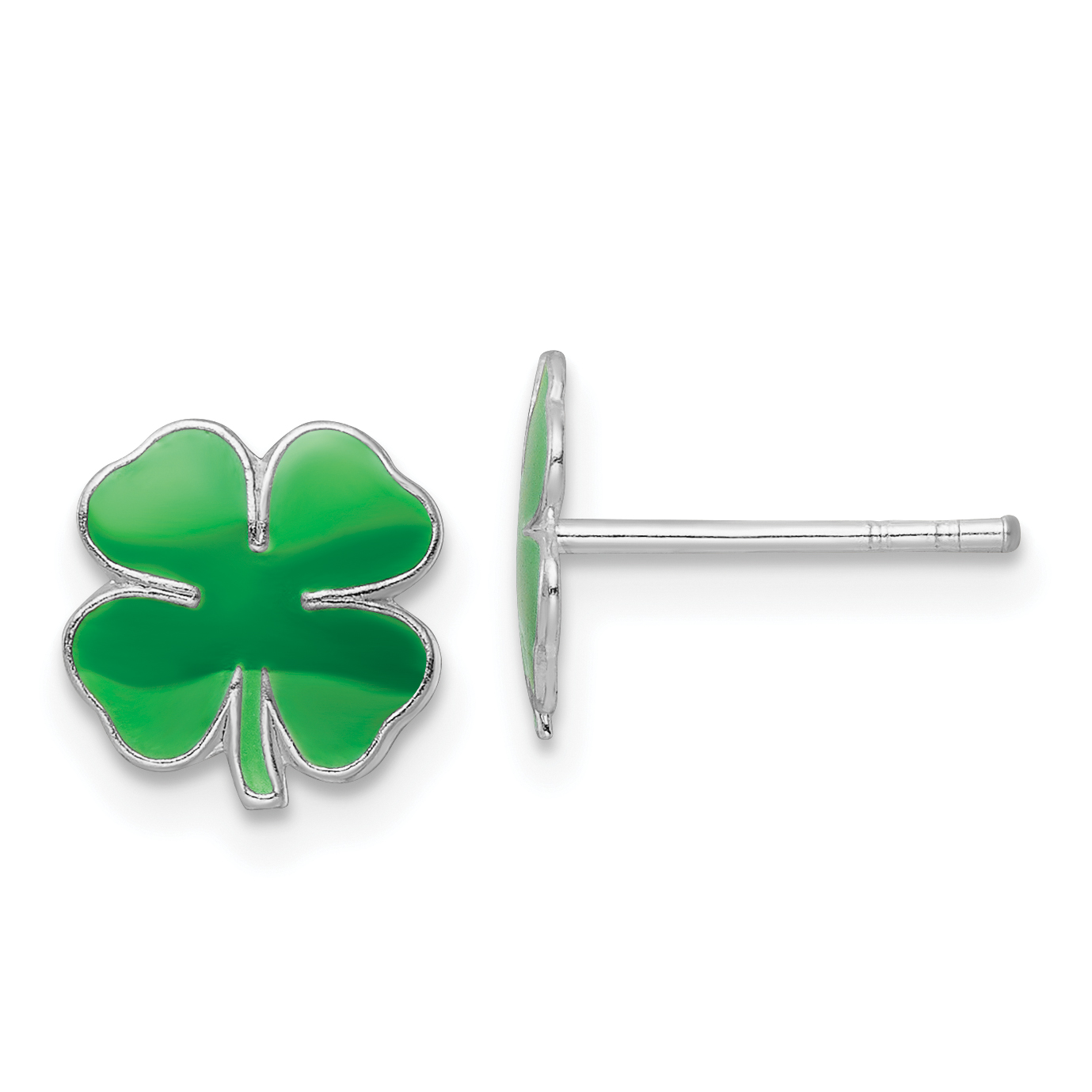 Sterling Silver Rhodium-plated Polished & Green Enameled Four Leaf Clover Children's Post Earrings (QE16607)