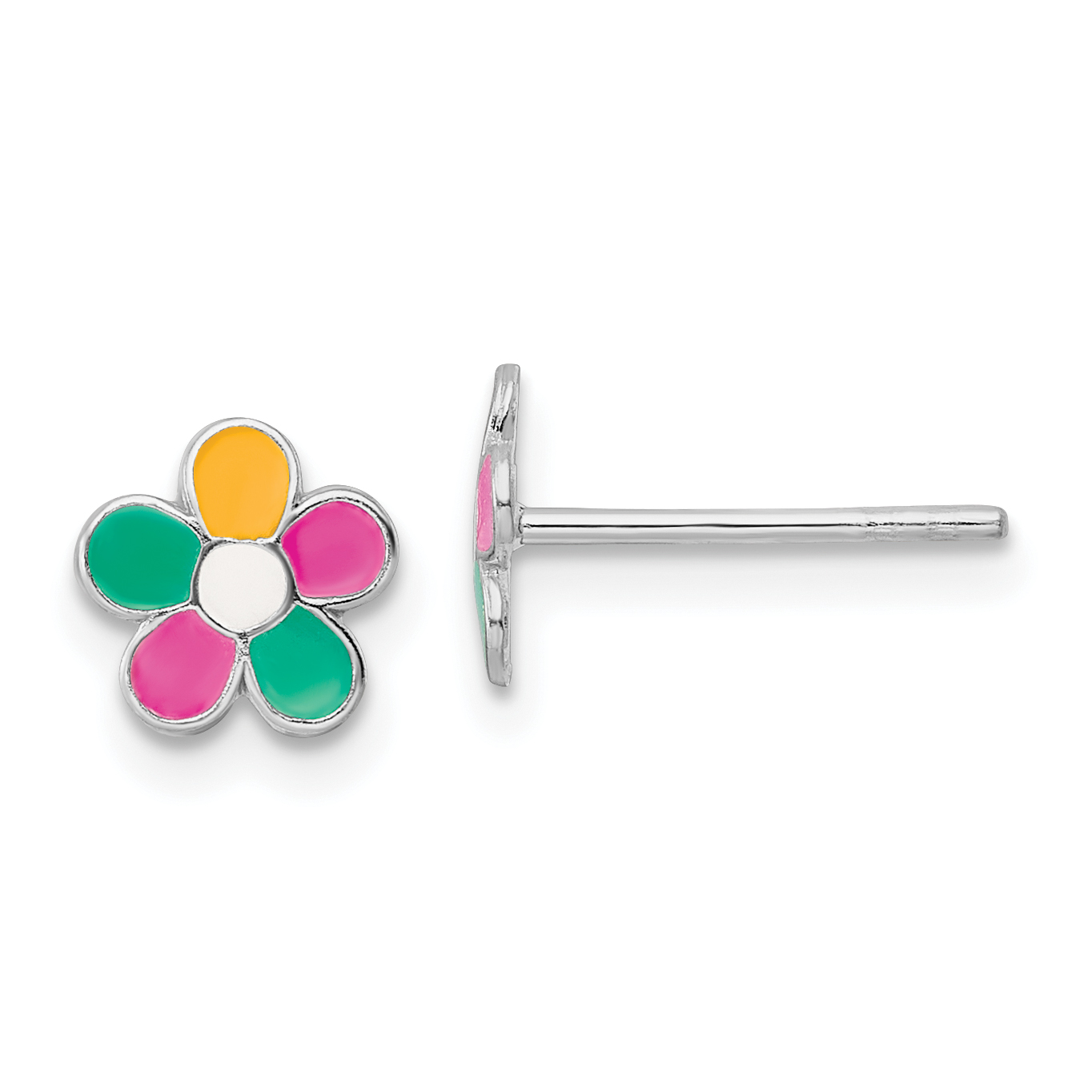 Sterling Silver Rhodium-plated Multi-color Enameled Flower Children's Post Earrings (QE16608)