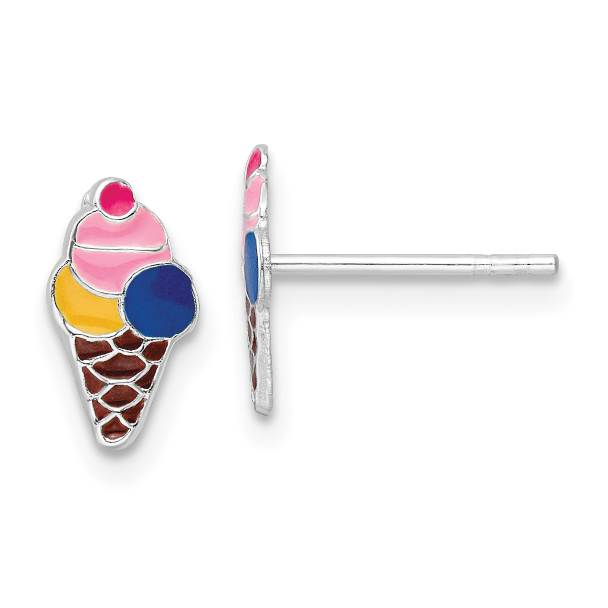Sterling Silver Rhodium-plated Polished & Multi-color Enameled Ice Cream Cone Children's Post Earrings (QE16610)