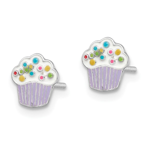 Sterling Silver Rhodium-plated Polished Multi-color Enameled Cupcake Children's Post Earrings