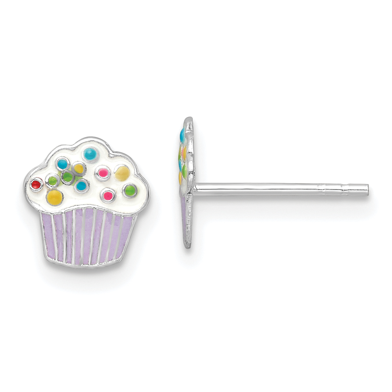 Sterling Silver Rhodium-plated Polished Multi-color Enameled Cupcake Children's Post Earrings (QE16611)