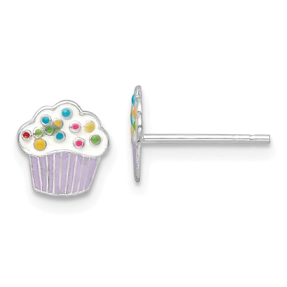Sterling Silver Rhodium-plated Polished Multi-color Enameled Cupcake Children's Post Earrings