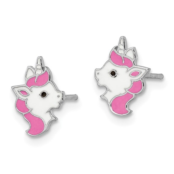 Sterling Silver Rhodium-plated Polished Multi-color Enamel Unicorn Head Children's Post Earrings