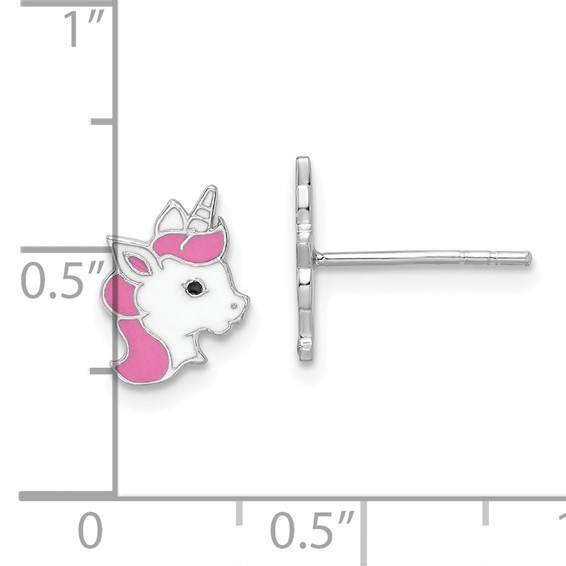 Sterling Silver Rhodium-plated Polished Multi-color Enamel Unicorn Head Children's Post Earrings