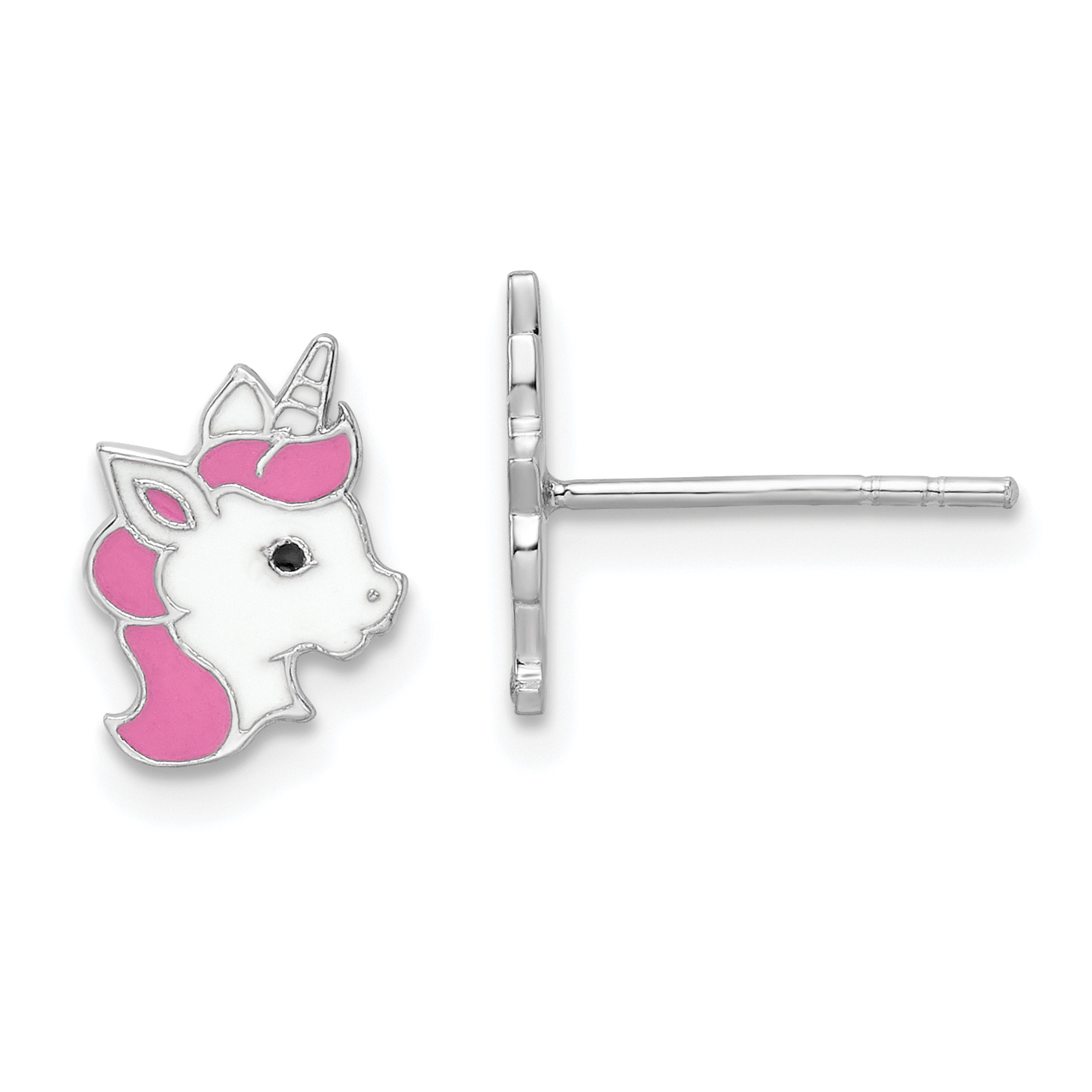 Sterling Silver Rhodium-plated Polished Multi-color Enamel Unicorn Head Children's Post Earrings (QE16612)