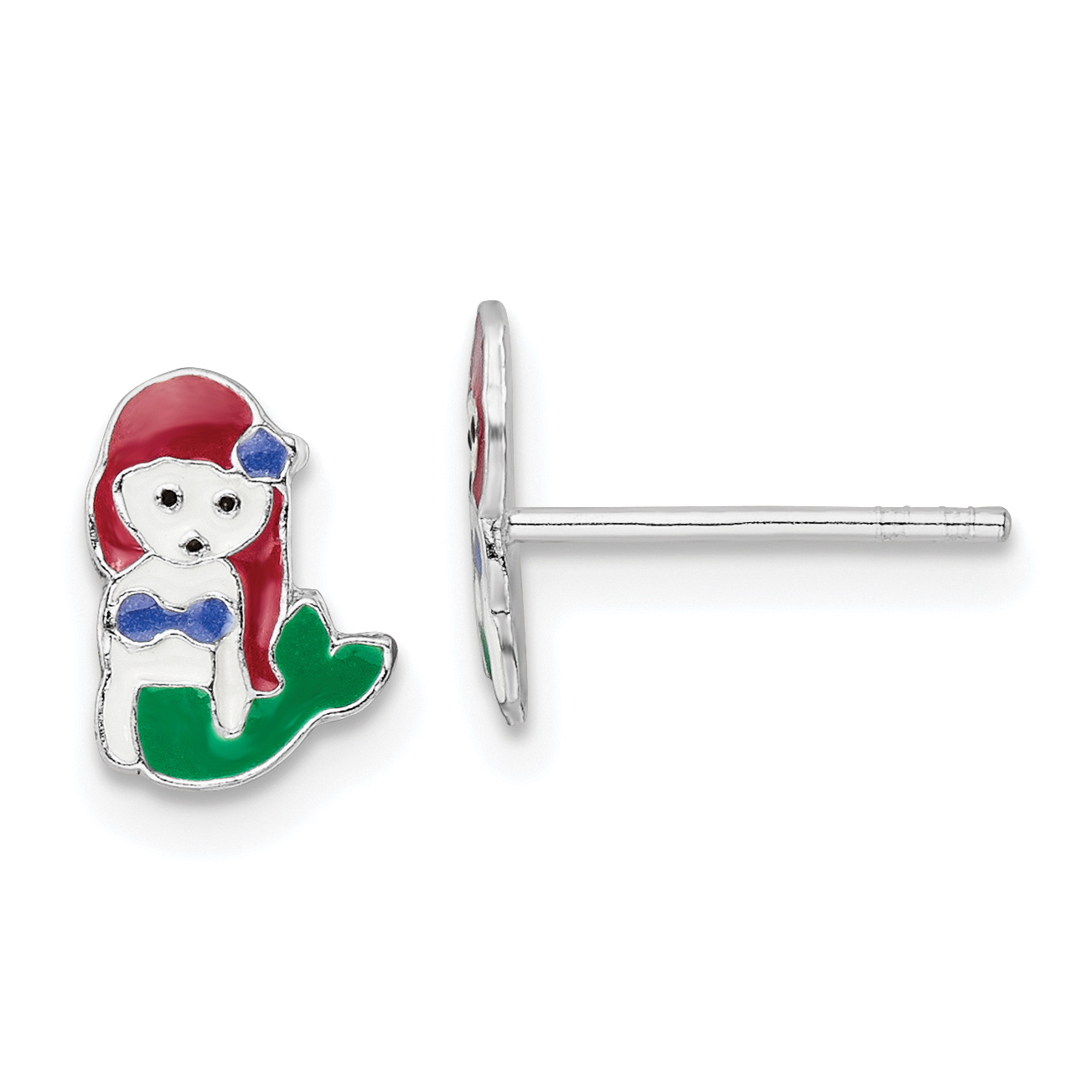 Sterling Silver Rhodium-plated Polished and Multi-color Enameled Mermaid Children's Post Earrings (QE16613)