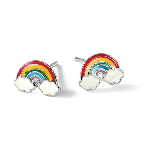 Sterling Silver Rhodium-plated Polished & Multi-color Enameled Rainbow Children's Post Earrings