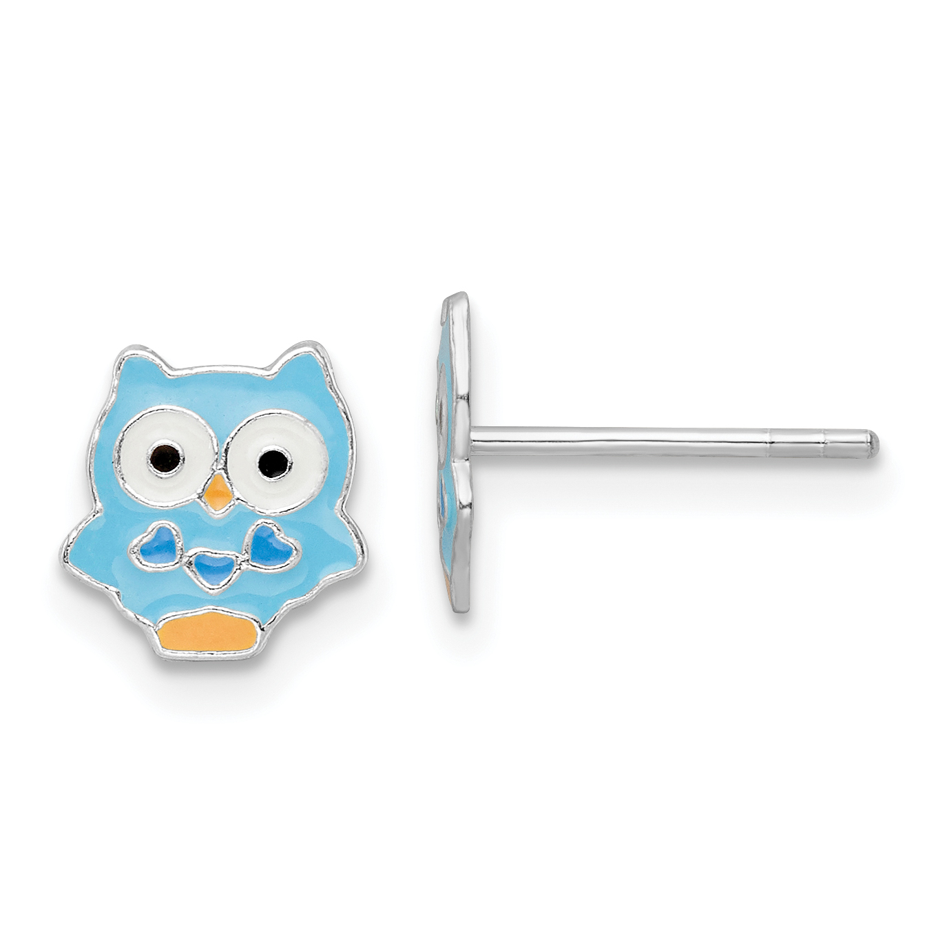 Sterling Silver Rhodium-plated Polished Multi-color Enameled Blue Owl Children's Post Earrings (QE16616)