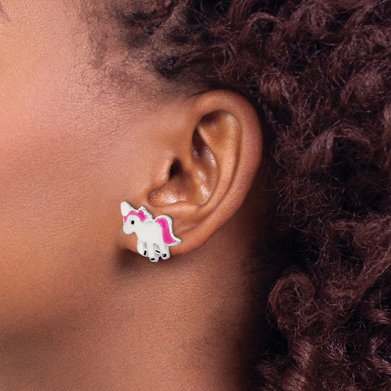 Sterling Silver Rhodium-plated Polished Multi-color Enameled Pink Unicorn Children's Post Earrings
