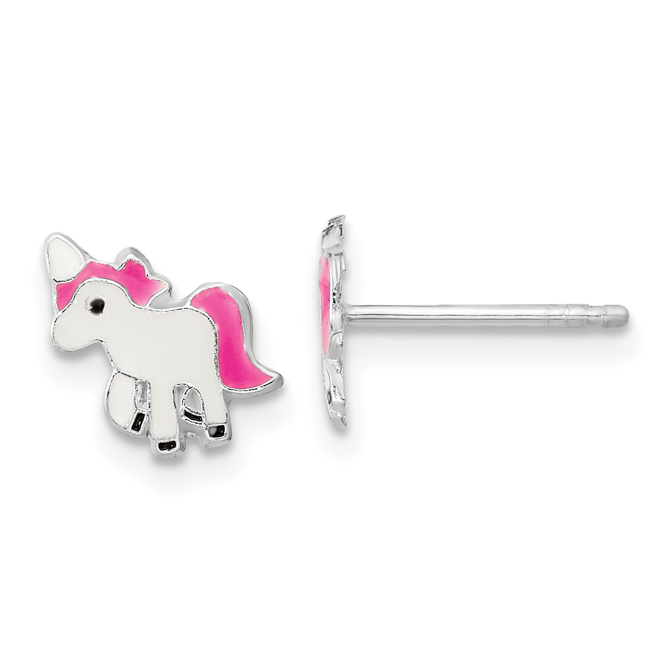 Sterling Silver Rhodium-plated Polished Multi-color Enameled Pink Unicorn Children's Post Earrings (QE16617)